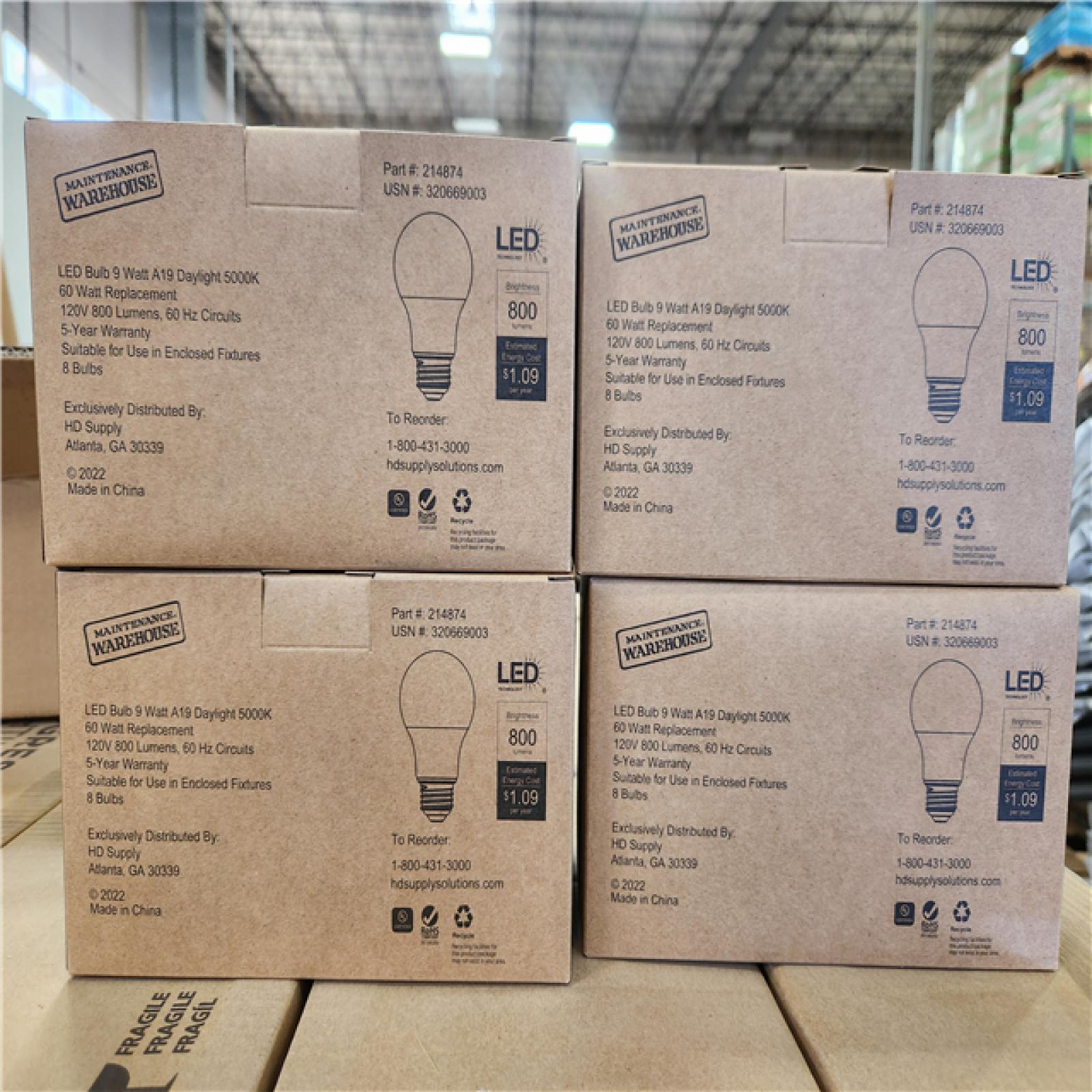 Phoenix Location NEW LED Bulb 9 Watt A19 Daylight 5000K 60 Watt Replacement 8 Bulbs/Pack, 4 Total Packs Pallet (120-Boxes)