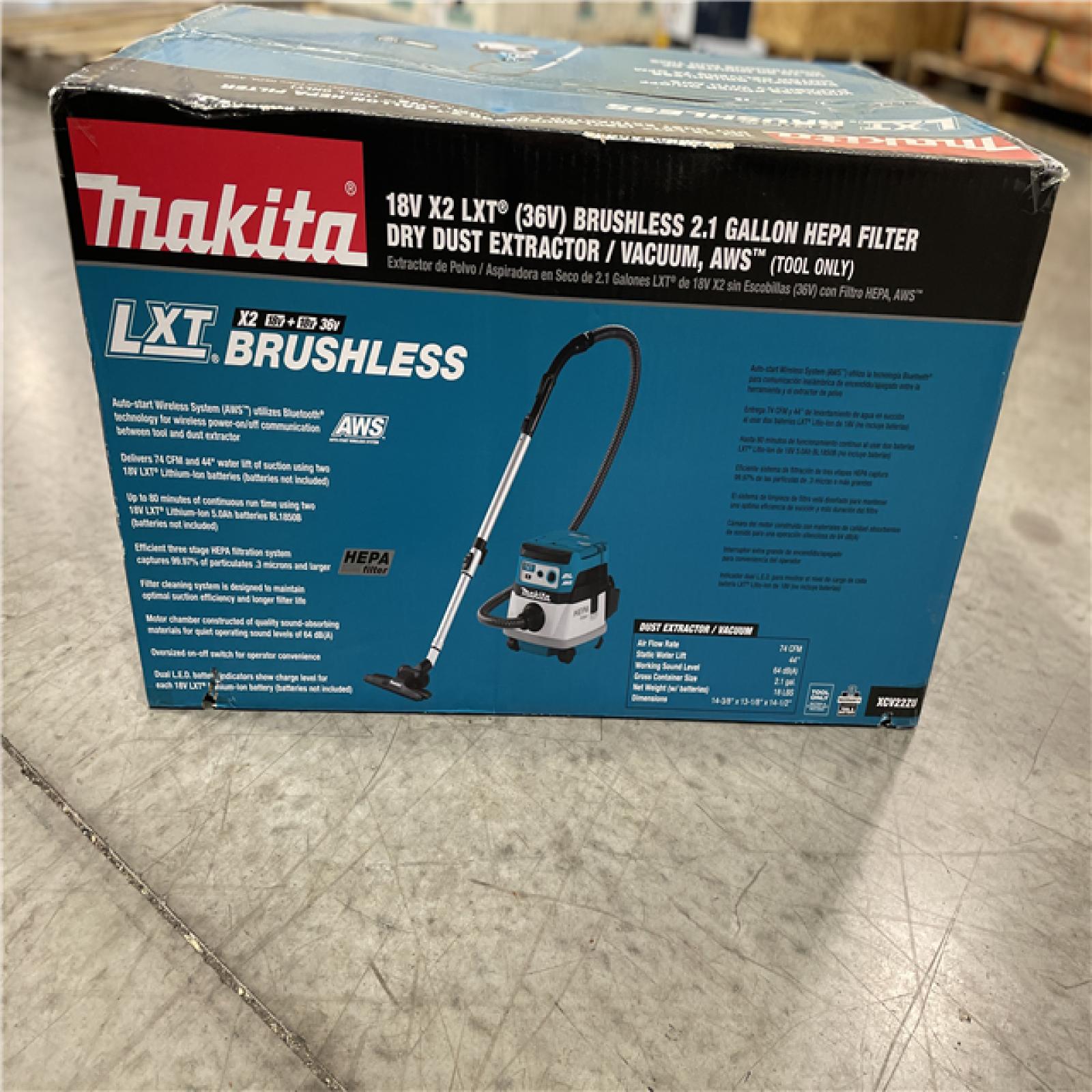 NEW! - MAKITA 18V X2 LXT (36V) Brushless Cordless 2.1 Gal. HEPA Filter Dry Dust Extractor/Vacuum  with AWS Tool Only