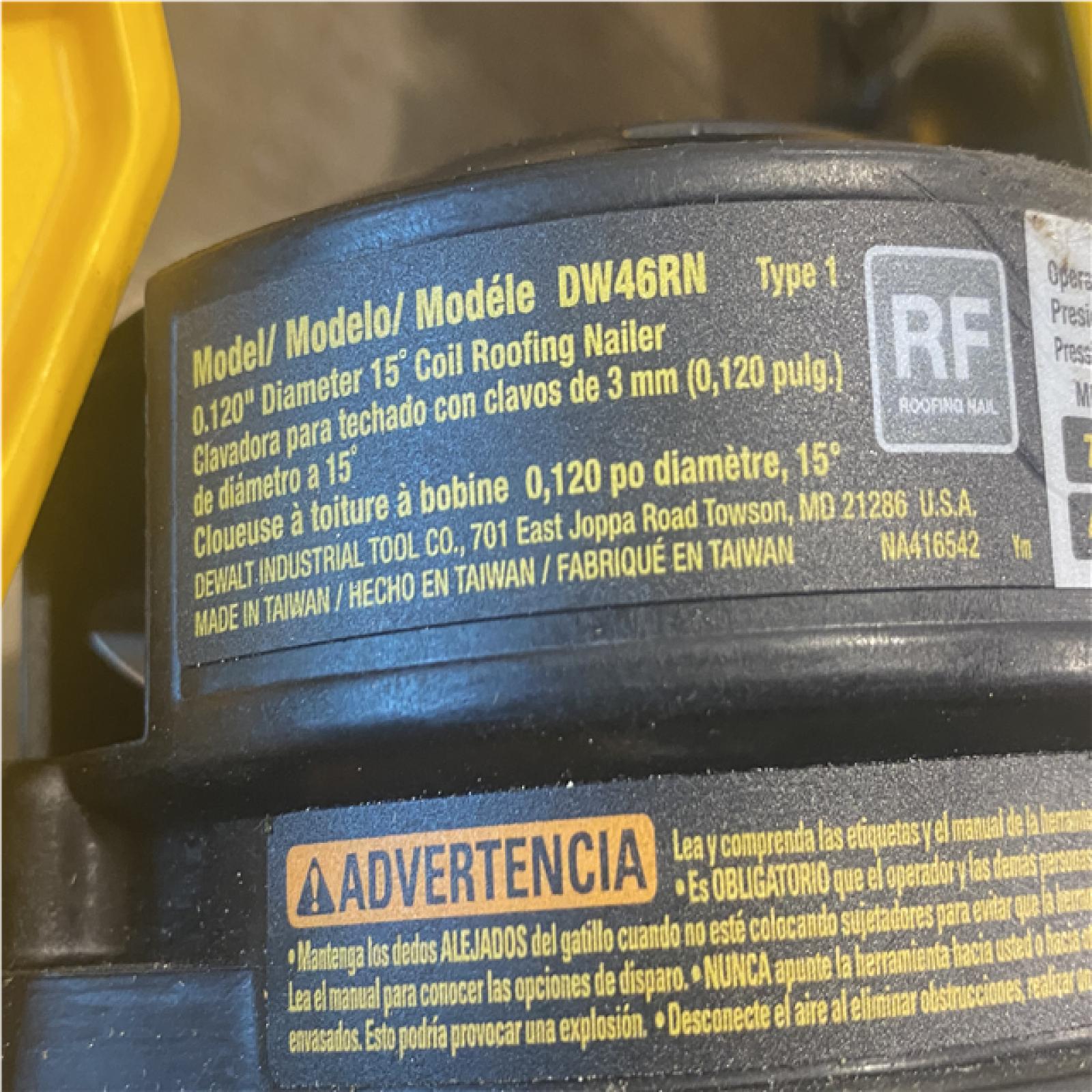 AS-IS DeWalt 1-3/4 in. 15 Degree Pneumatic Coil Roofing Nailer (Tool-Only)
