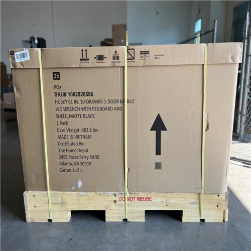 DALLAS LOCATION- Husky 61 in. W x 26 in. D Heavy Duty 10-Drawer 1-Door Mobile Workbench with Hardwood Top, Pegboard and Shelf in Matte Black