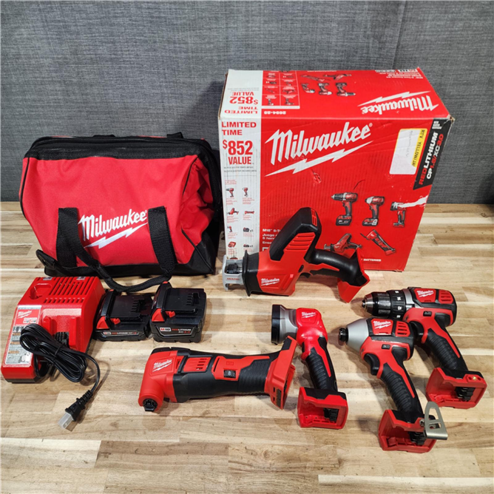 HOUSTON LOCATION - AS-IS M18 18V Lithium-Ion Cordless Combo Kit (5-Tool) with (2) Batteries  Charger and Tool Bag