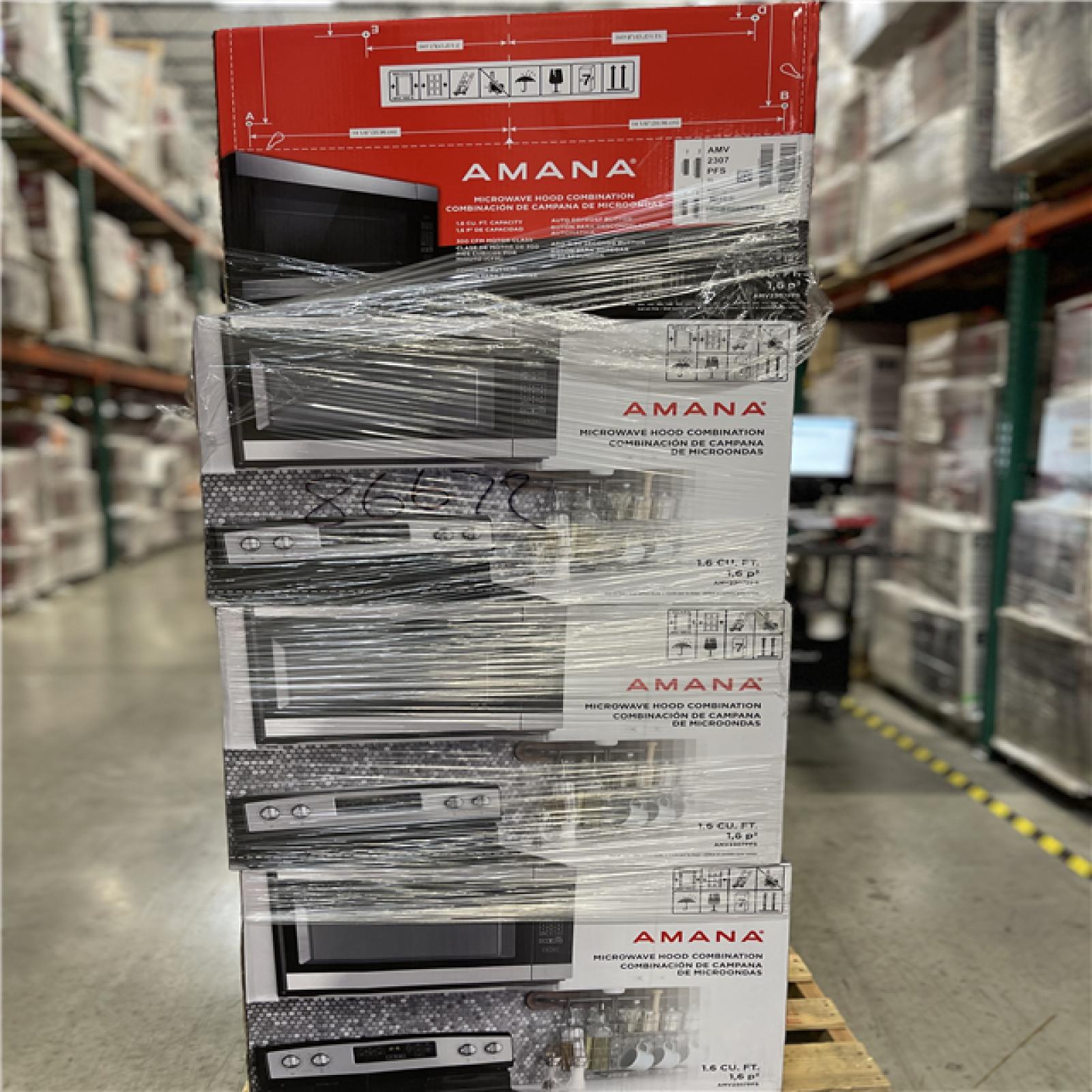 DALLAS LOCATION- NEW!- Amana 1.6 cu. ft. Stainless Steel Electric 1000-Watt Over the Range Microwave 300 Exhaust CFM PALLET (7 UNITS)