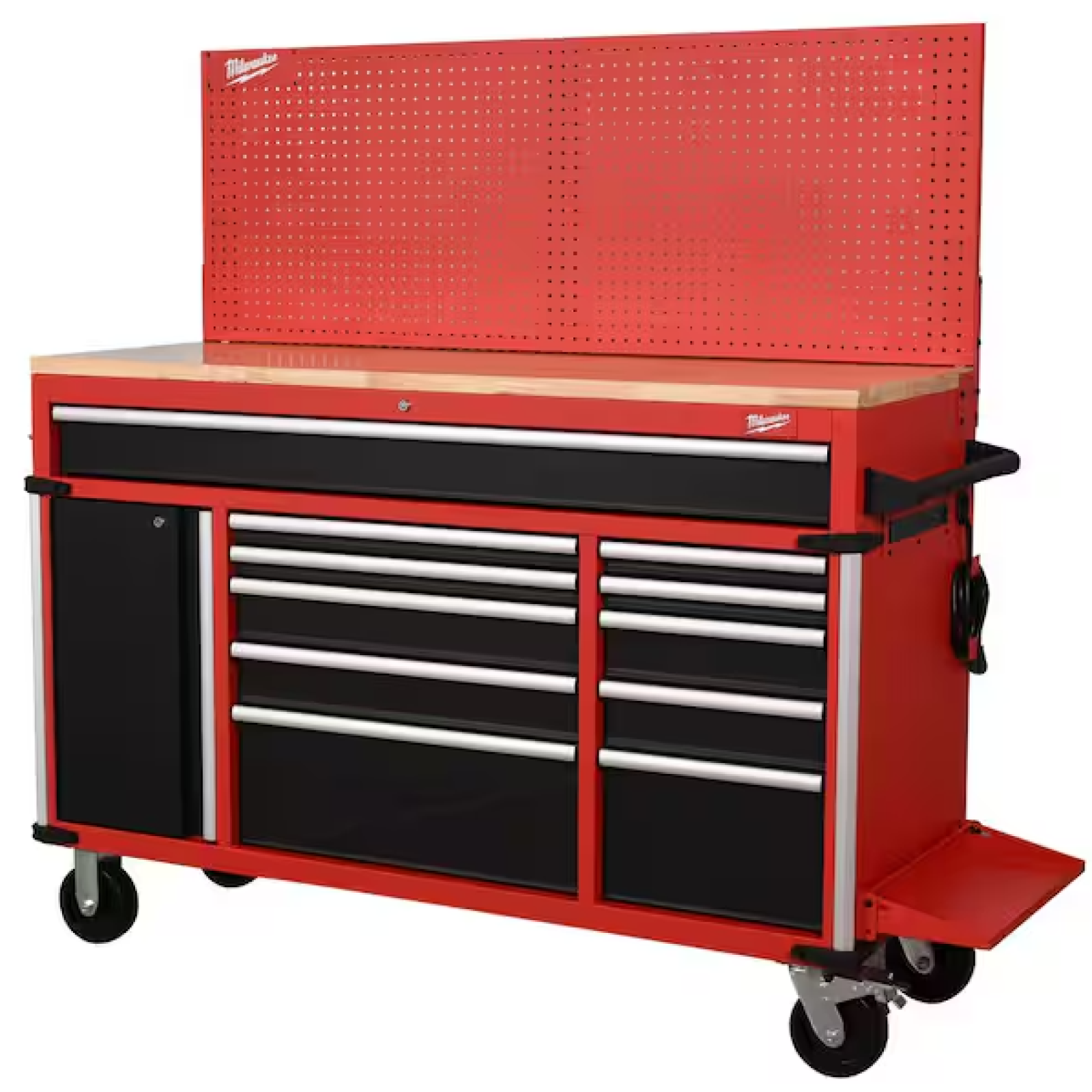 DALLAS LOCATION- AS-IS MILWAUKEE 61 in. W x 22.1 in D 11-Drawer Mobile Workbench Cabinet w/ WoodTop / Pegboard