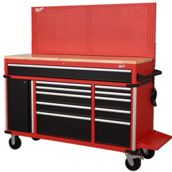 DALLAS LOCATION- AS-IS MILWAUKEE 61 in. W x 22.1 in D 11-Drawer Mobile Workbench Cabinet w/ WoodTop / Pegboard