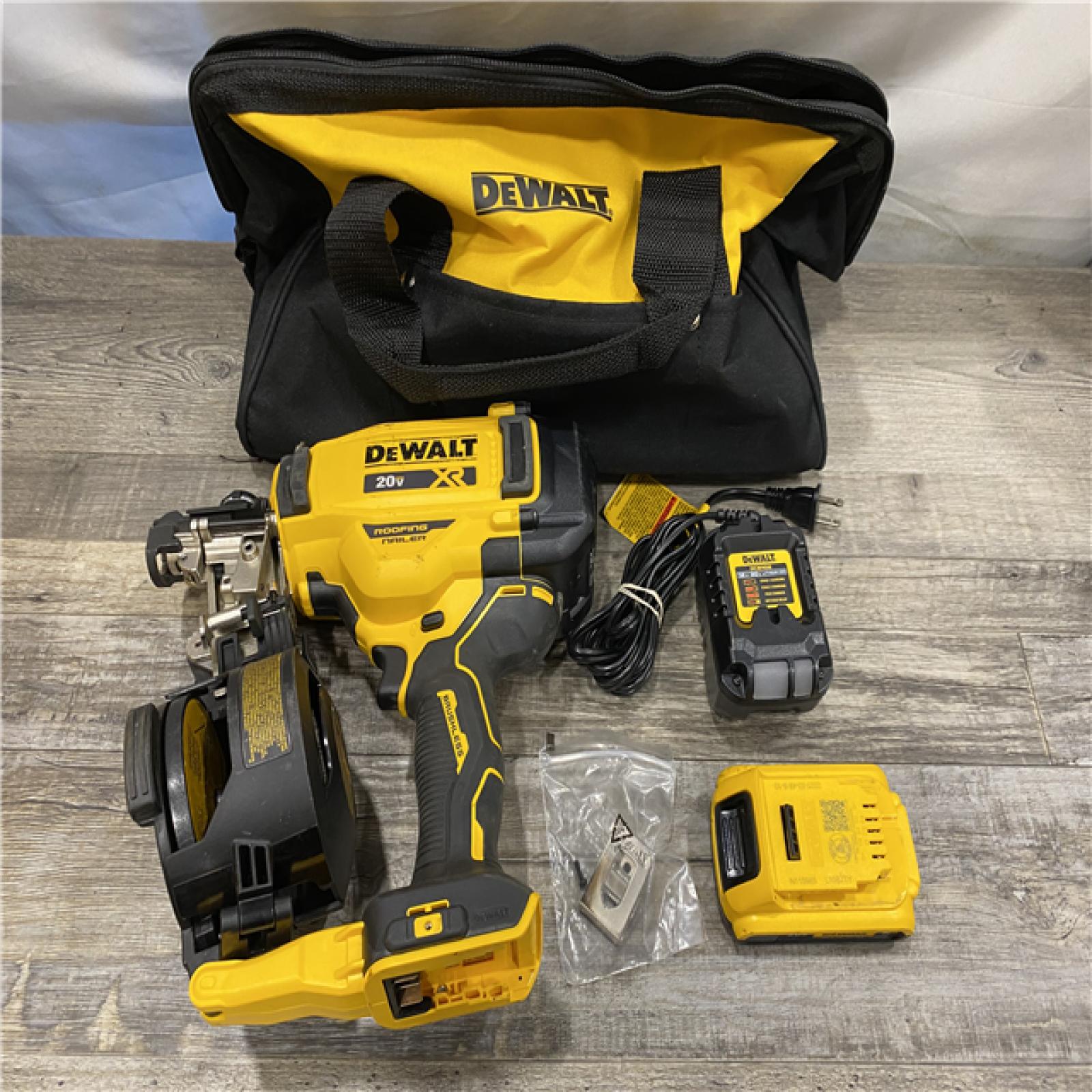 AS-IS DEWALT 20V MAX Lithium-Ion 15-Degree Electric Cordless Roofing Nailer Kit