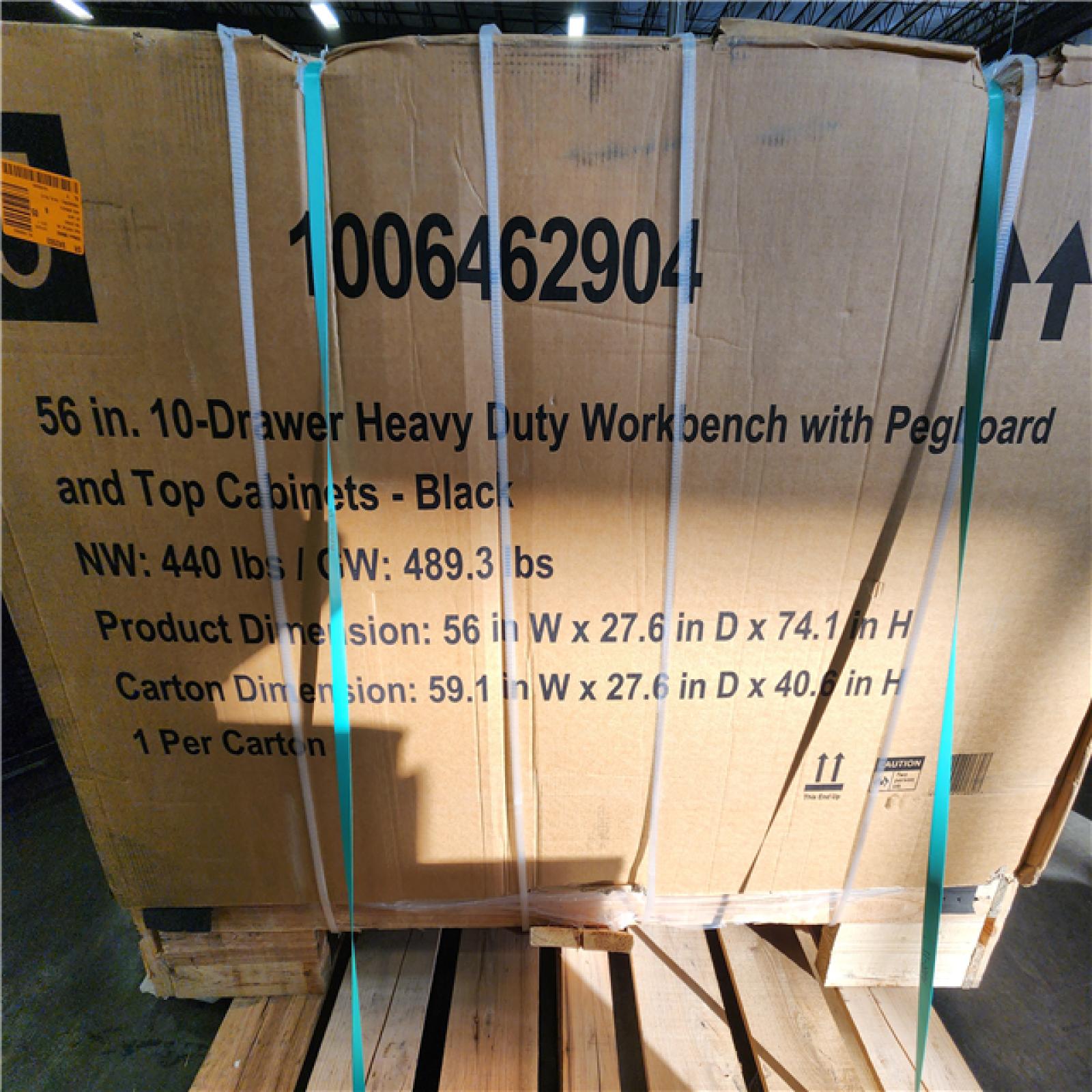 Phoenix NEW Husky 56 in. W x 27.6 in. D 10-Drawer Matte Black Heavy-Duty Mobile Workbench with Pegboard and Top Cabinets