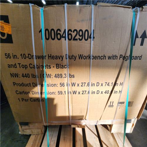 Phoenix NEW Husky 56 in. W x 27.6 in. D 10-Drawer Matte Black Heavy-Duty Mobile Workbench with Pegboard and Top Cabinets