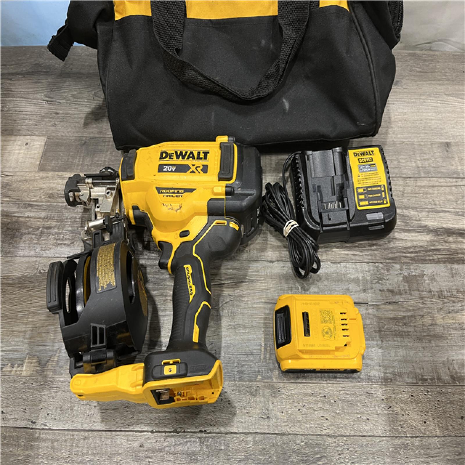 AS-IS DEWALT 20V MAX Lithium-Ion 15-Degree Electric Cordless Roofing Nailer Kit