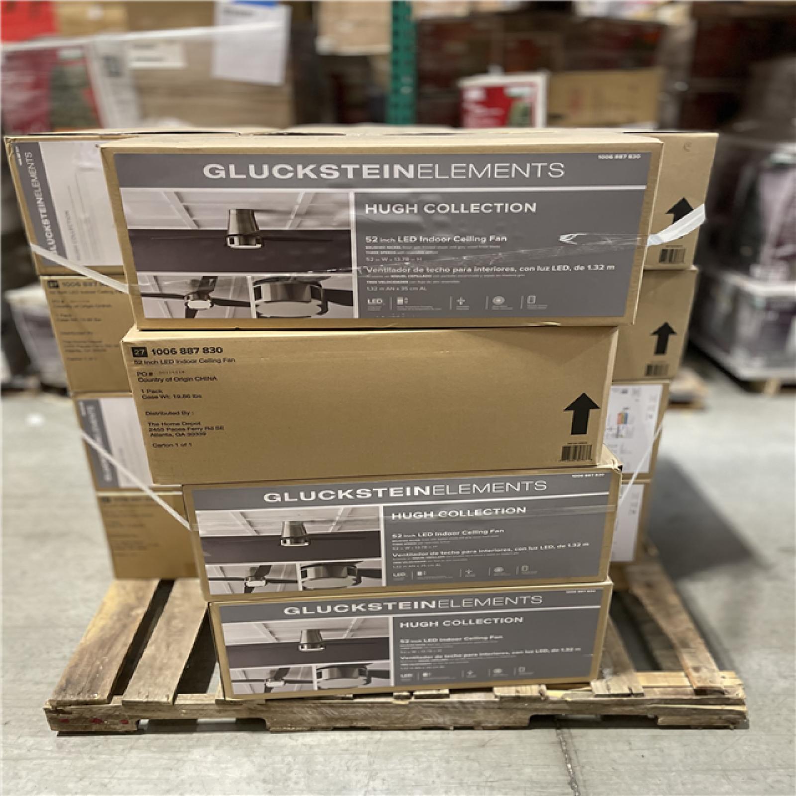 DALLAS LOCATION- GLUCKSTEINELEMENTS Hugh 52 in. Integrated LED Indoor Nickel Ceiling Fan PALLET (16 UNITS)