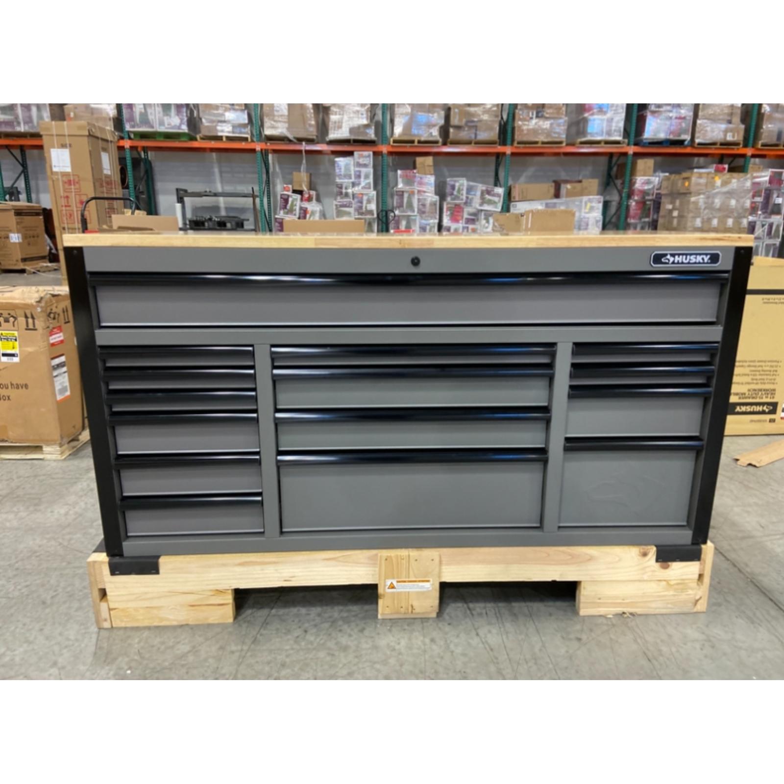 DALLAS LOCATION - Husky Heavy Duty 61 in. W x 23 in. D 15-Drawer Matte Gray Mobile Workbench Cabinet with Solid Wood Top