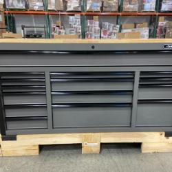 DALLAS LOCATION - Husky Heavy Duty 61 in. W x 23 in. D 15-Drawer Matte Gray Mobile Workbench Cabinet with Solid Wood Top
