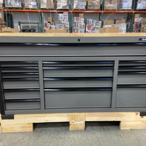 DALLAS LOCATION - Husky Heavy Duty 61 in. W x 23 in. D 15-Drawer Matte Gray Mobile Workbench Cabinet with Solid Wood Top