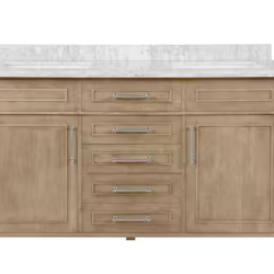 DALLAS LOCATION- AS-IS HOME DECORATORS COLLECTION Aberdeen 60 in. Double Sink Freestanding Antique Oak Bath Vanity with Carrara Marble Top (Assembled)
