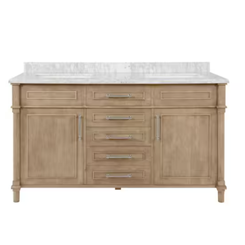 DALLAS LOCATION- AS-IS HOME DECORATORS COLLECTION Aberdeen 60 in. Double Sink Freestanding Antique Oak Bath Vanity with Carrara Marble Top (Assembled)
