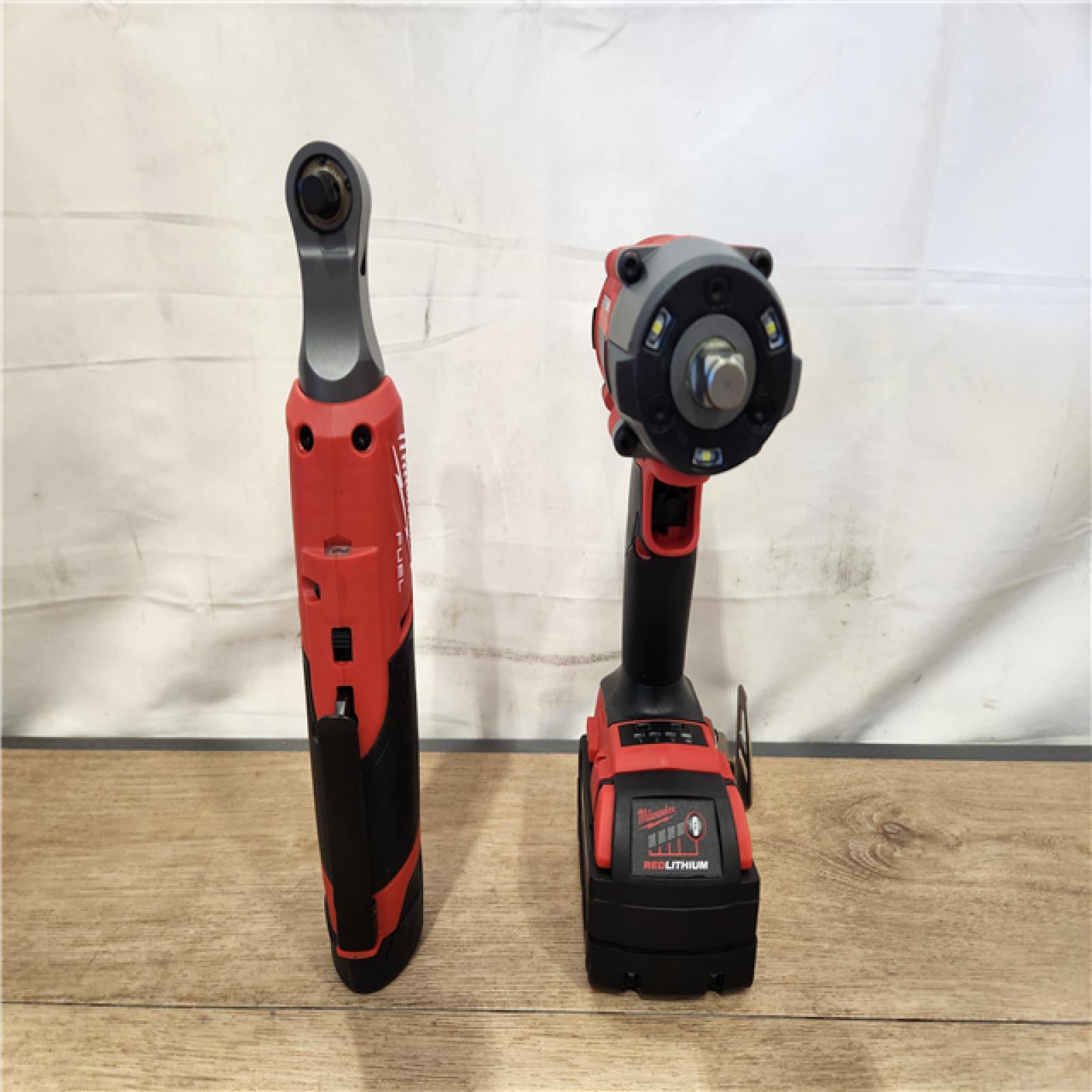 AS-IS- Milwaukee FUEL 18V Cordless Mid Torque 1/2 in. Impact Wrench w/ M12 FUEL 3/8 in. Ratchet & Battery/Charger Combo Kit