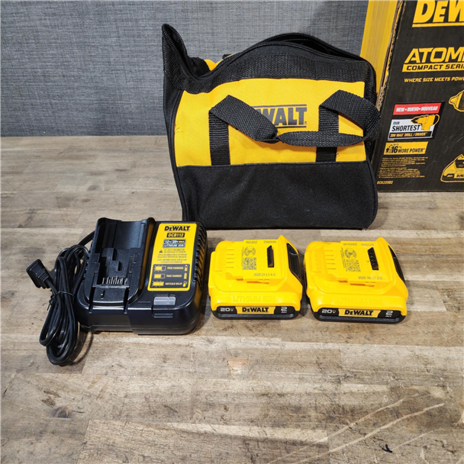 HOUSTON LOCATION - AS-IS Dewalt DCK225D2 20V MAX ATOMIC Brushless Compact Lithium-Ion 1/2 in. Cordless Drill Driver and 1/4 in. Impact Driver Combo Kit with 2 Batteries 2 Ah