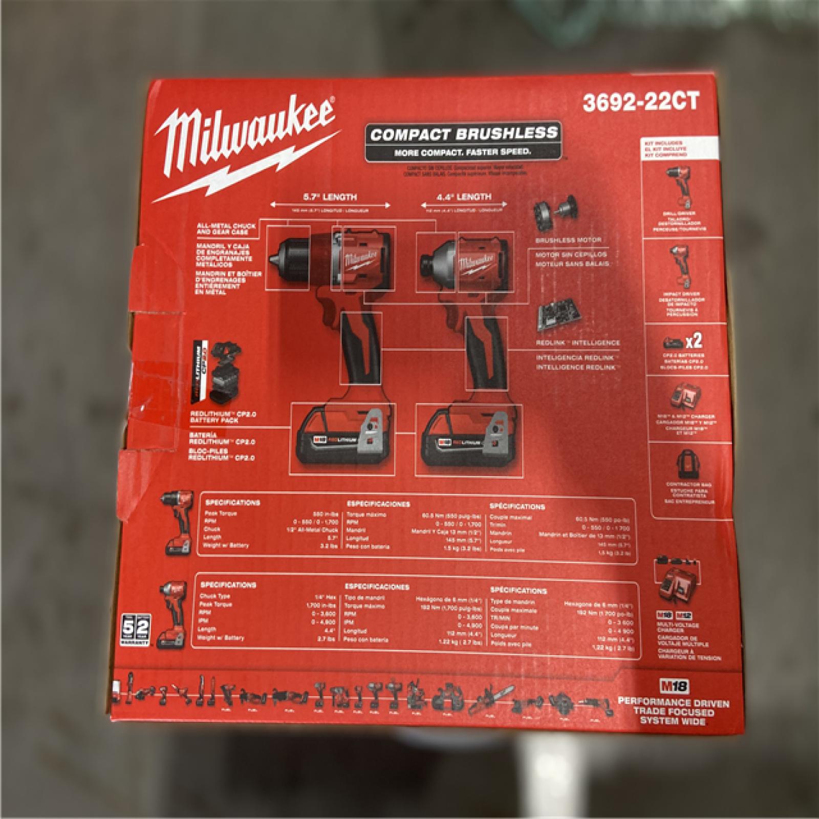 NEW! - Milwaukee M18 18V Lithium-Ion Brushless Cordless Compact Drill/Impact Combo Kit (2-Tool) w/(2) 2.0 Ah Batteries  Charger & Bag