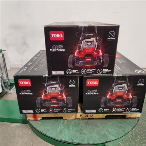 Dallas Location -NEW- Toro 21323 21in. Recycler SmartStow 60-Volt Lithium-Ion Brushless Cordless Battery Push Mower – 4.0 Ah Battery, Charger(Lot Of 3)