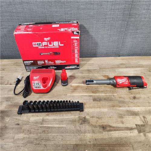 HOUSTON LOCATION - AS-IS (APPEARS LIKE NEW) M12 FUEL INSIDER 12V Lithium-Ion Brushless Cordless 1/4 in. - 3/8 in. Extended Reach Box Ratchet Kit W/ Battery, Charger