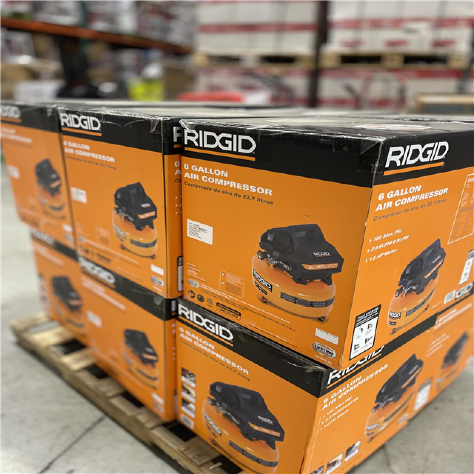 DALLAS LOCATION- NEW! RIDGID 6 Gal. 150 PSI Portable Electric Oil-Free Jobsite Pancake Air Compressor with Dual Pressure Gauges and 2-Quick Couplers PALLET -(12 UNITS)