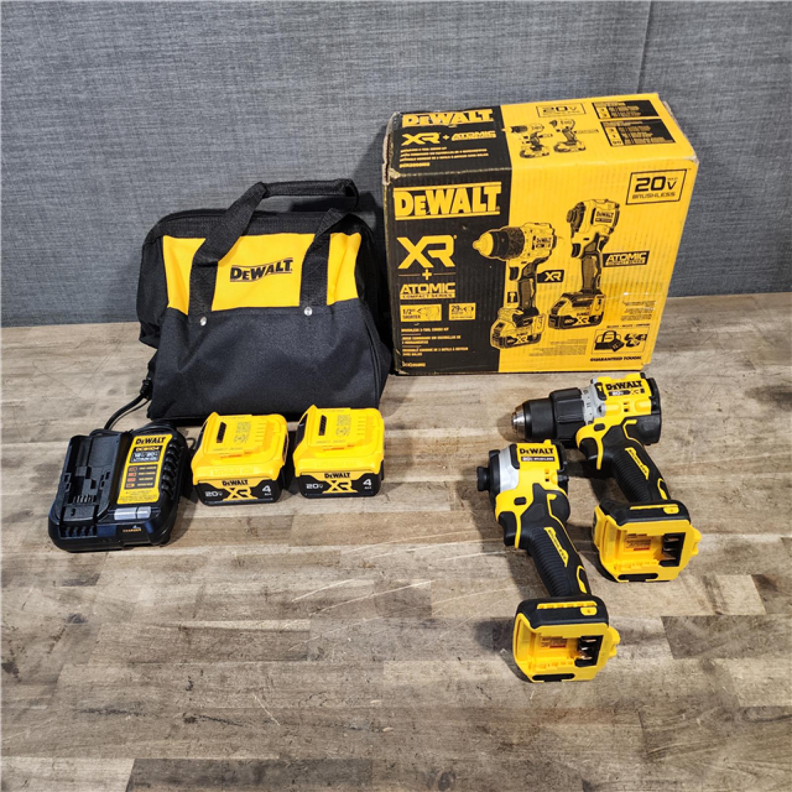 HOUSTON LOCATION - AS-IS DEWALT 20V MAX XR Hammer Drill and ATOMIC Impact Driver 2 Tool Cordless Combo Kit with (2) 4.0Ah Batteries  Charger  and Bag
