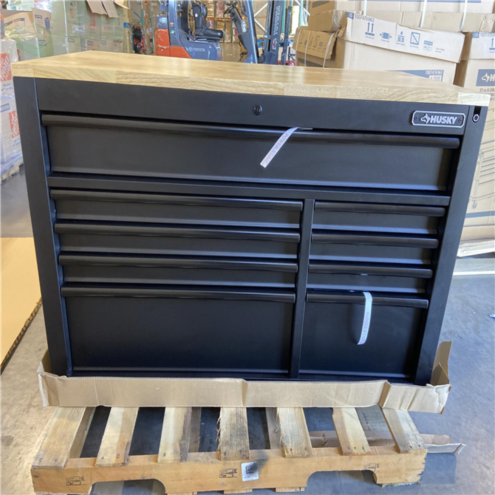 DALLAS LOCATION - Husky 52 in. W x 25 in. D Heavy Duty 9-Drawer Mobile Workbench Cabinet with Adjustable-Height Hardwood Top in Matte Black