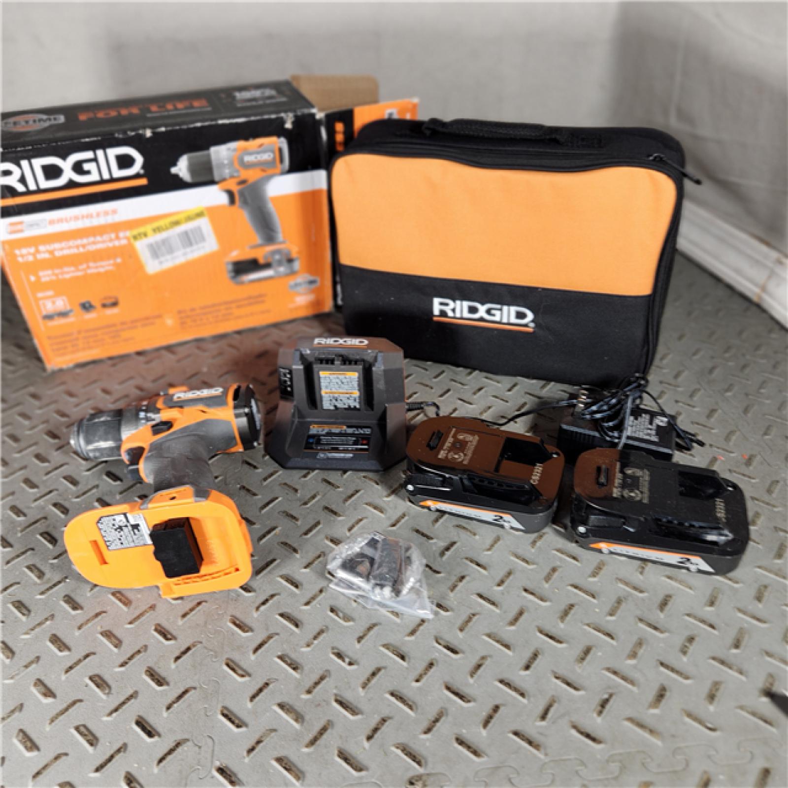Houston Location - AS-IS RIDGID 18V SubCompact Brushless Cordless 1/2 in. Drill/Driver Kit with (2) 2.0 Ah Batteries, Charger, and Tool Bag - Appears IN NEW Condition