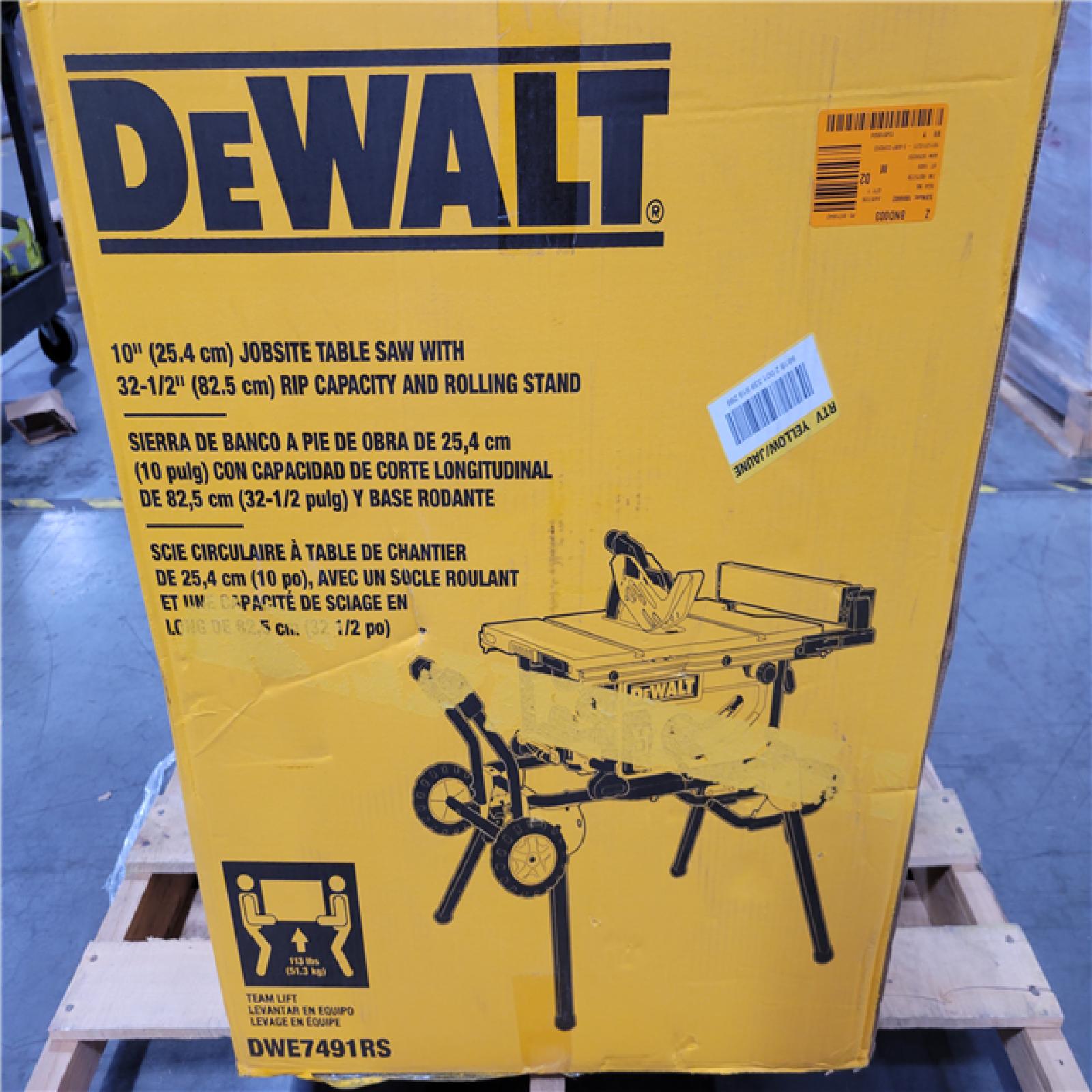 CALIFORNIA AS-IS DEWALT 10 (25.4mm) JOBSITE TABLE SAW WITH 32-1/2 (82.5cm) RIP CAPACITY AND ROLLING STAND