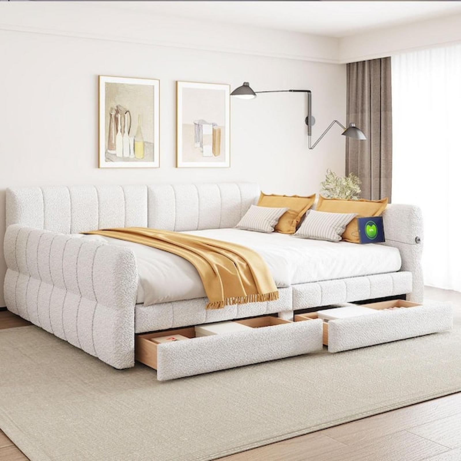 Phoenix NEW Polibi White Queen Size Daybed with USB and 2-Drawer
