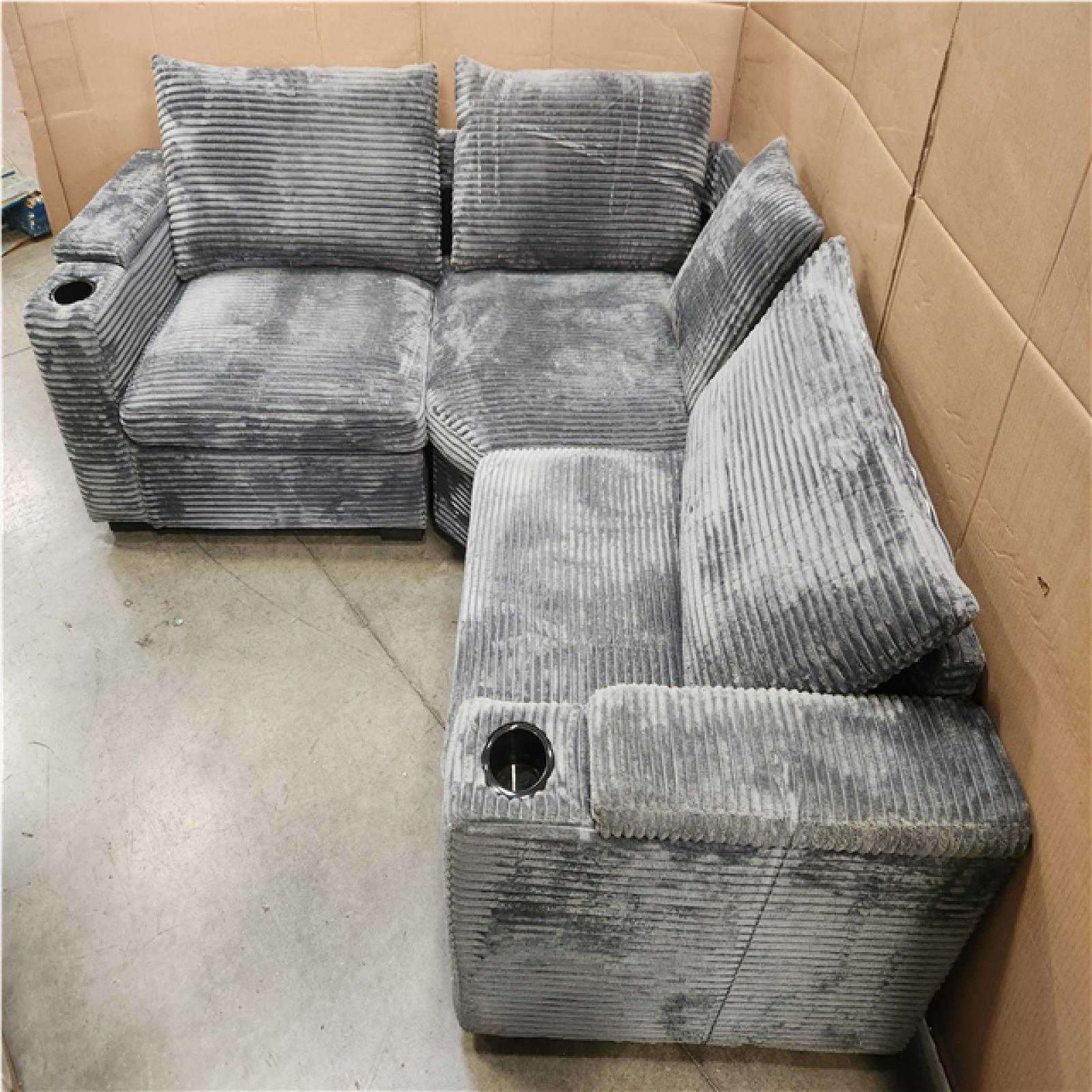 Phoenix AS-IS 104in square Arm Corduroy Sofa in Gray with Arm Chair