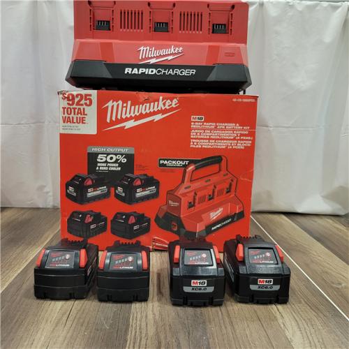 AS-IS Milwaukee  M18 18-Volt Lithium-Ion Battery Pack (2) 5.0Ah and High Output Battery Pack (2) 6.0Ah with PACKOUT 6-Port Rapid Charger