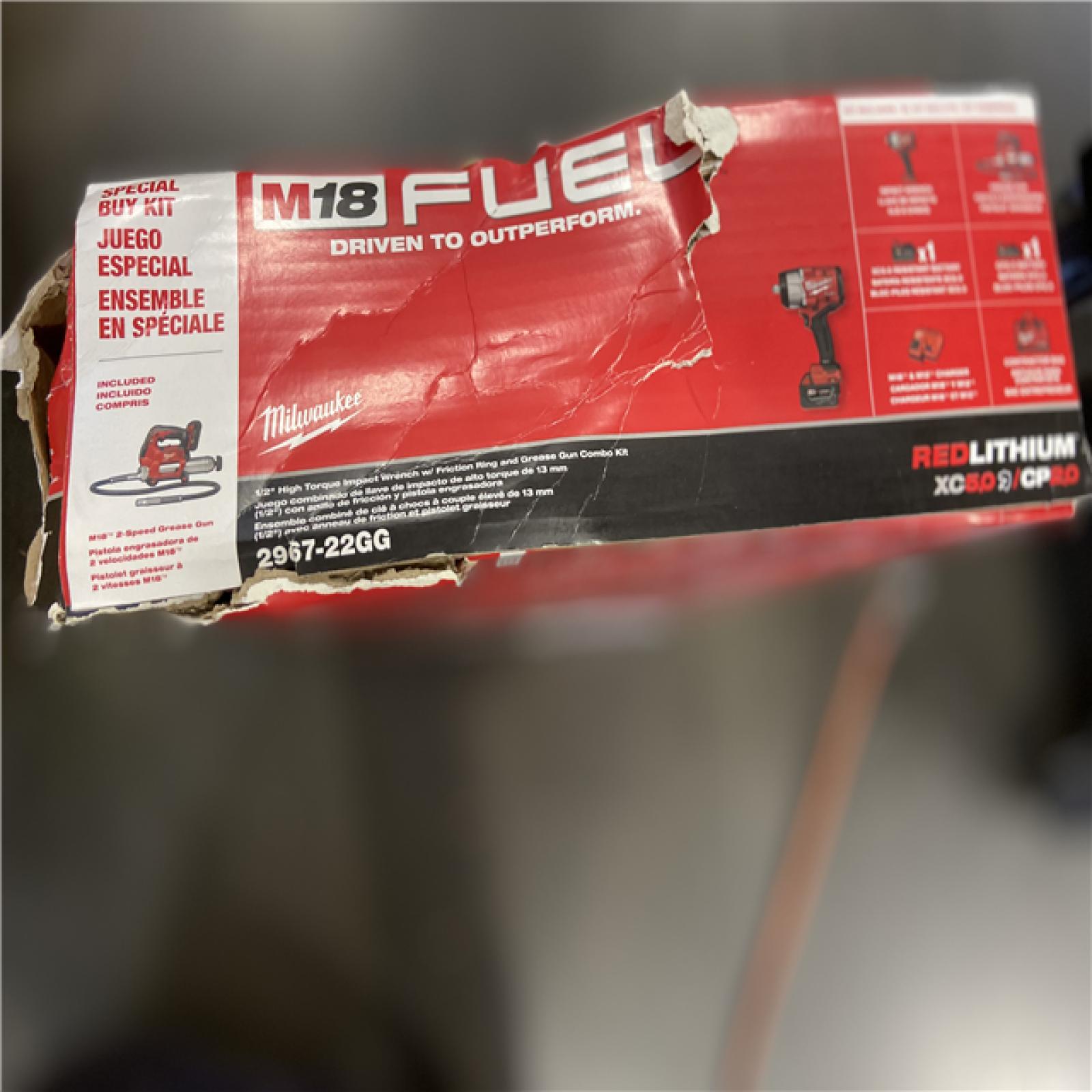 AS-IS Milwaukee M18 FUEL 18V Lithium-Ion Brushless Cordless High Torque 1/2 in. Impact Wrench w/ Friction Ring & Grease Gun Combo Kit