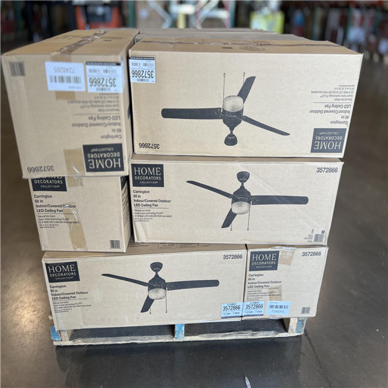 DALLAS LOCATION- Home Decorators Collection Carrington 60 in. Indoor/Outdoor Ceiling Fan with LED Dome Light Kit  Natural Iron with Black Blades PALLET -(18 UNITS)