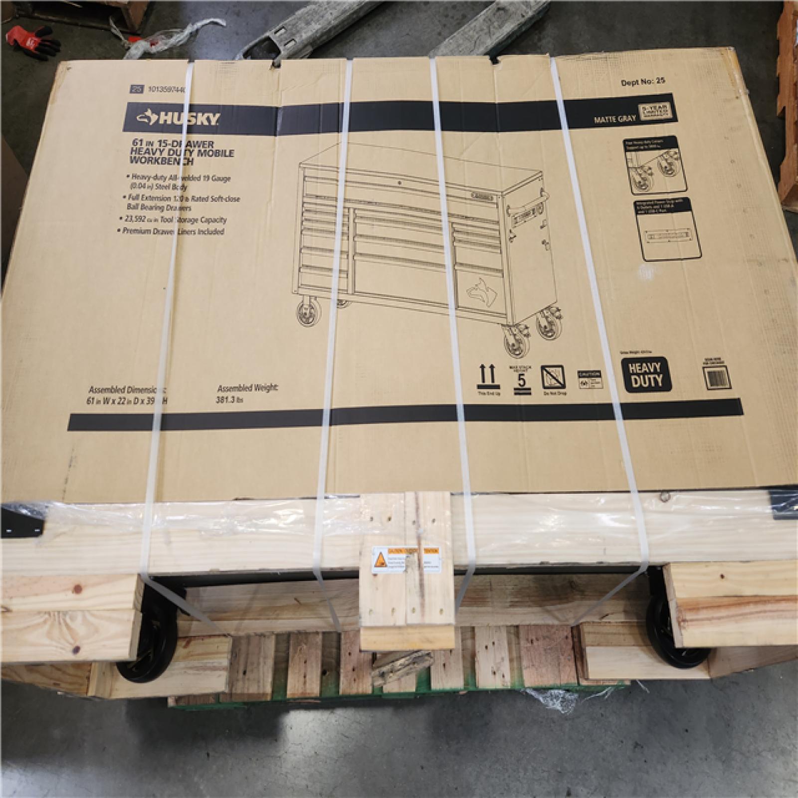 Phoenix NEW Husky Heavy Duty 61 in. W x 23 in. D 15-Drawer Matte Gray Mobile Workbench Cabinet with Solid Wood Top (SEALED)