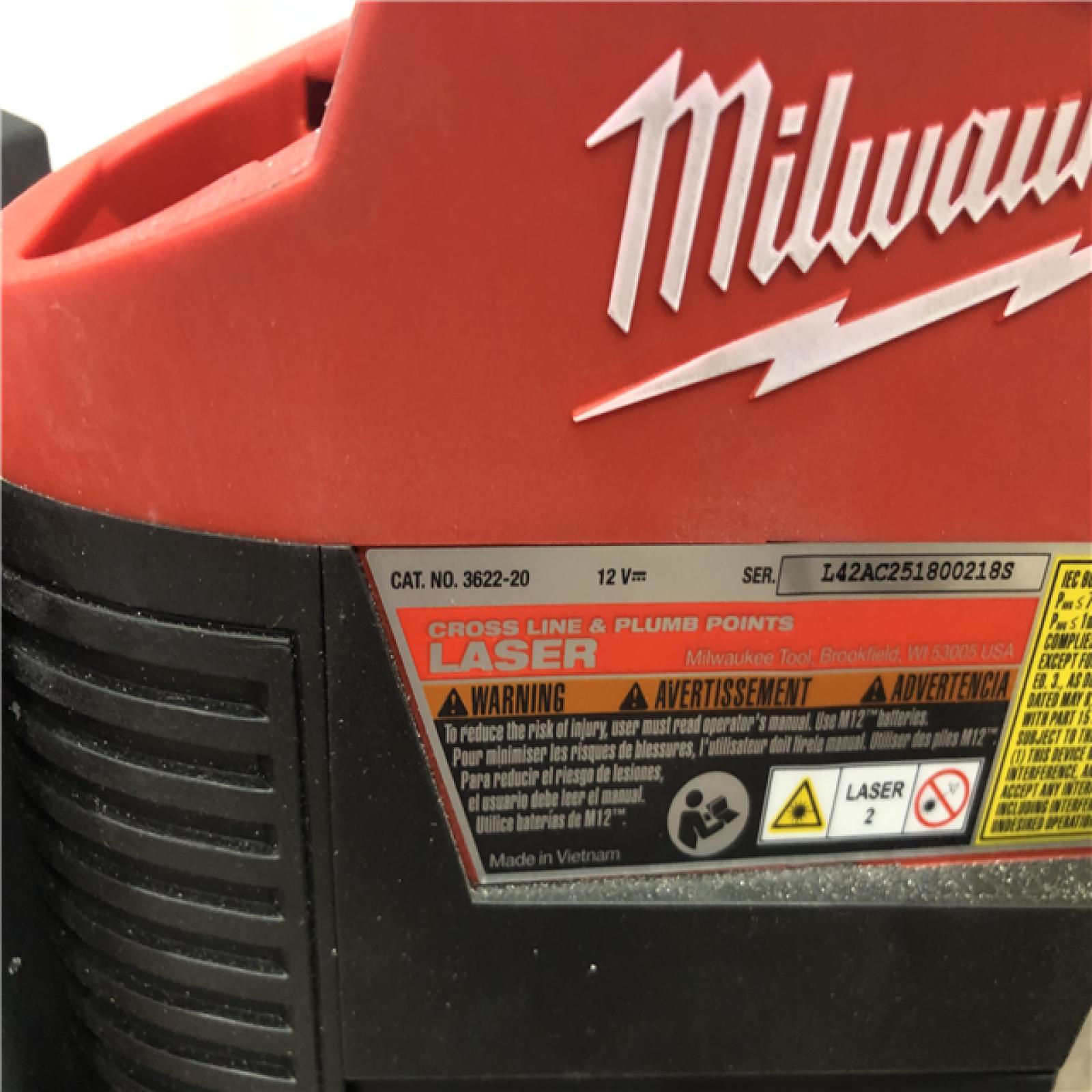 AS-IS  Milwaukee 12-Volt Lithium-Ion Cordless Green 125 ft. Cross Line and Plumb Points Laser Level (Tool-Only)