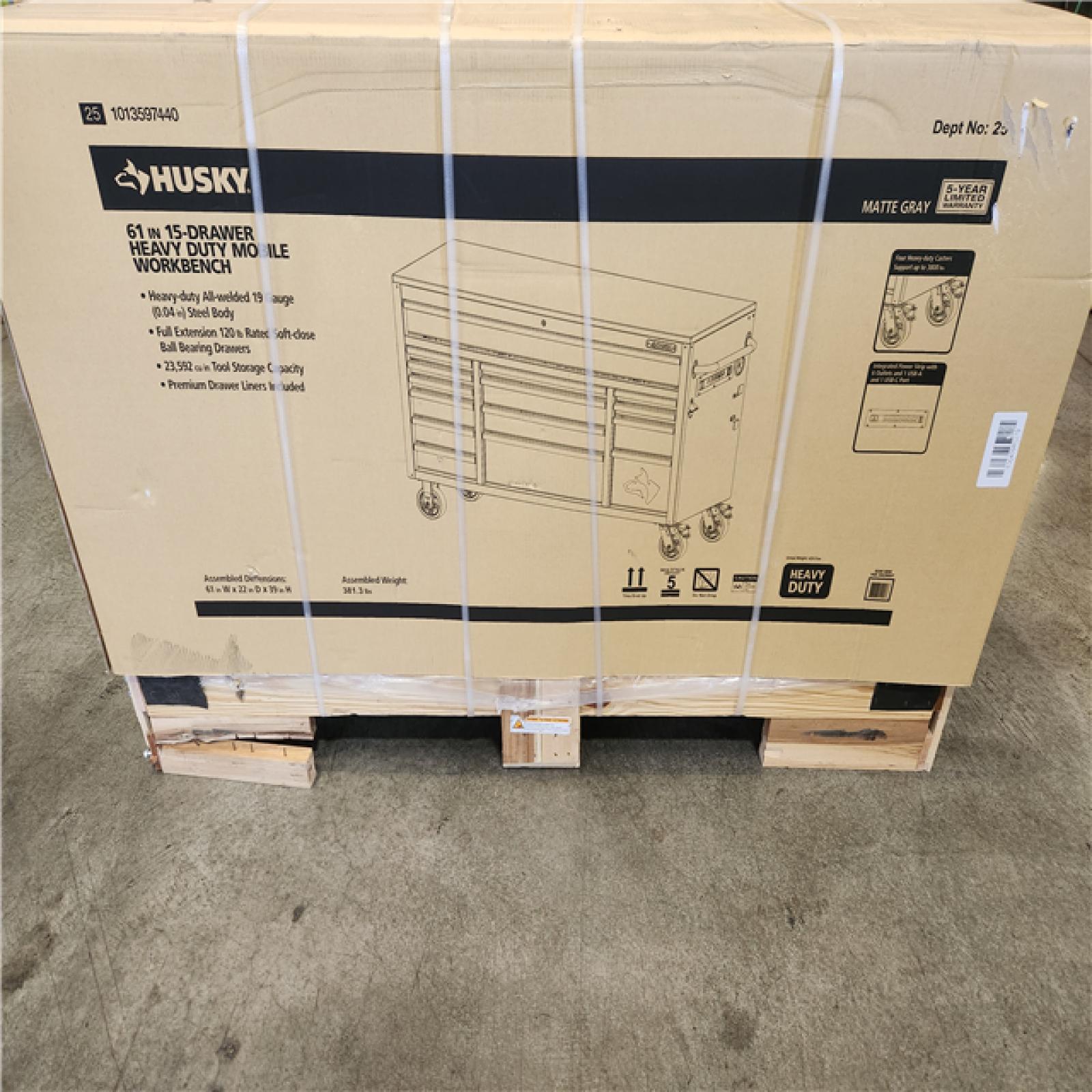 Phoenix NEW Husky Heavy Duty 61 in. W x 23 in. D 15-Drawer Matte Gray Mobile Workbench Cabinet with Solid Wood Top