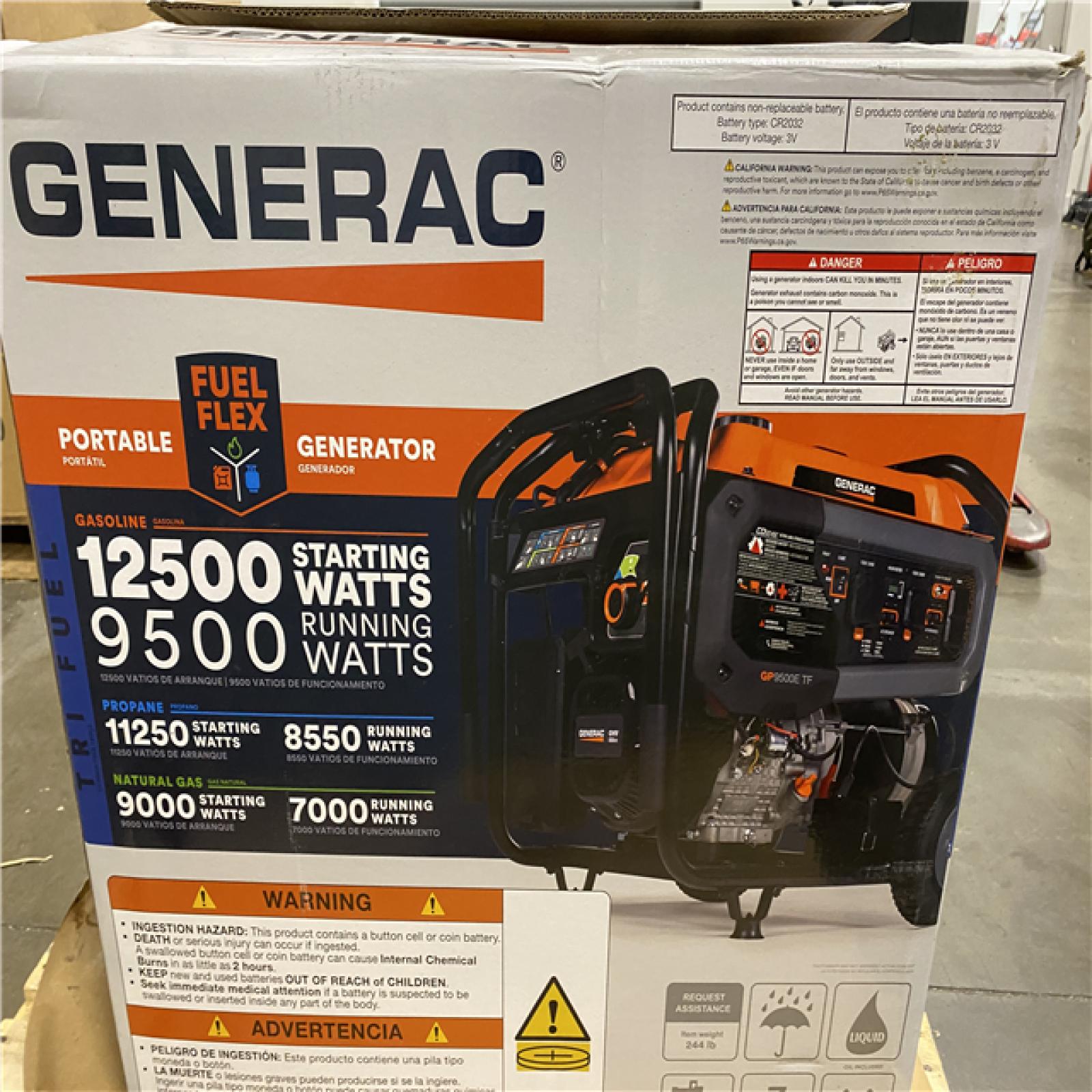 Dallas Location - As-Is Generac 12500/9500-Watt Tri-Fuel Portable Generator