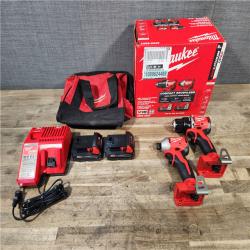 HOUSTON LOCATION - AS-IS Milwaukee M18 18V Lithium-Ion Brushless Cordless Compact Drill/Impact Combo Kit (2-Tool) W/(2) 2.0 Ah Batteries  Charger & Bag