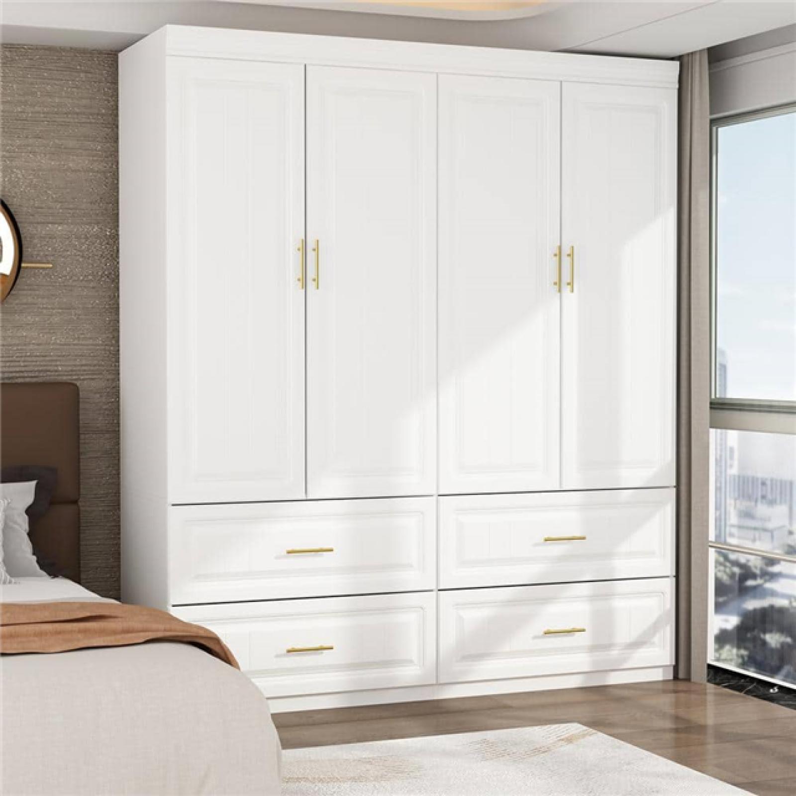 Phoenix NEW FUFU&GAGA White Wood 63 in. W 4-Door Big Wardrobe Armoires with Hanging Rod  Drawers  Storage Shelves 74.2 in. H x 20.6 in. D