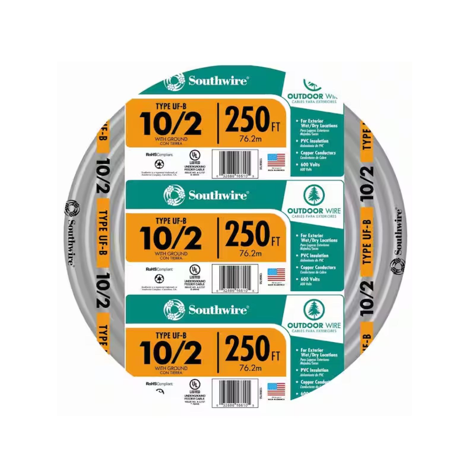 DALLAS LOCATION - Southwire 250 ft. 10/2 Gray Solid CU UF-B W/G Wire PALLET-(8 UNITS)