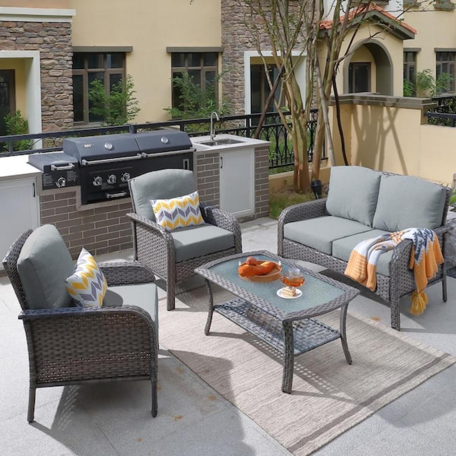 Phoenix AS-IS Toject Denali Gray 4-Piece 4-Seat Wicker Modern Outdoor Patio Conversation Sofa Seating Set with Dark Gray Cushions