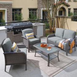 Phoenix AS-IS Toject Denali Gray 4-Piece 4-Seat Wicker Modern Outdoor Patio Conversation Sofa Seating Set with Dark Gray Cushions