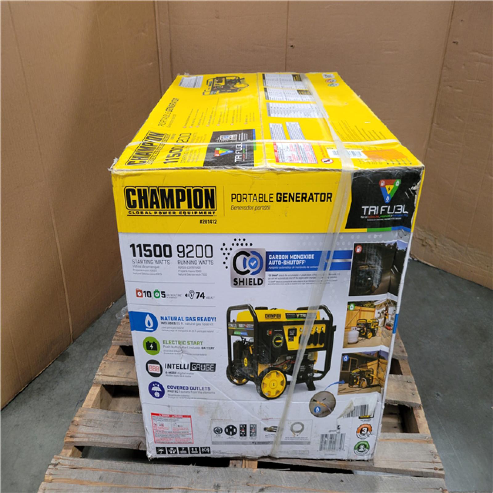CALIFORNIA AS-IS NEW CHAMPION 11 500/9 200-WATT ELECTRIC START TRIFUEL PROPANE GENERATOR