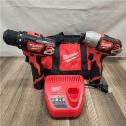 AS-IS- Milwaukee M12 Cordless Combination 3/8  Drill / Driver and 1/4  Hex Impact Driver Dual Power Tool Kit (2 Lithium Ion Batteries  Charger  and B