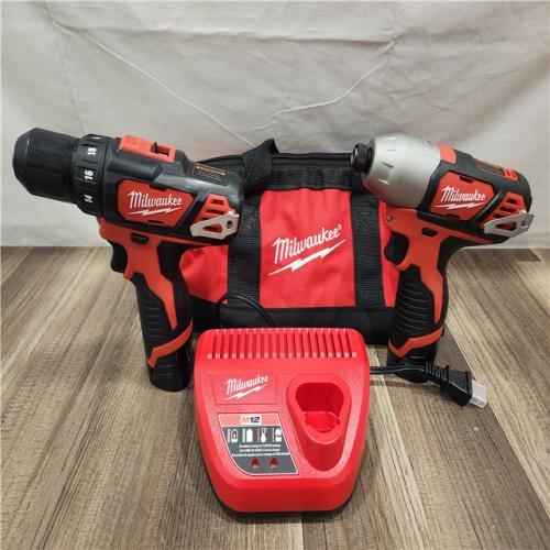 AS-IS- Milwaukee M12 Cordless Combination 3/8  Drill / Driver and 1/4  Hex Impact Driver Dual Power Tool Kit (2 Lithium Ion Batteries  Charger  and B
