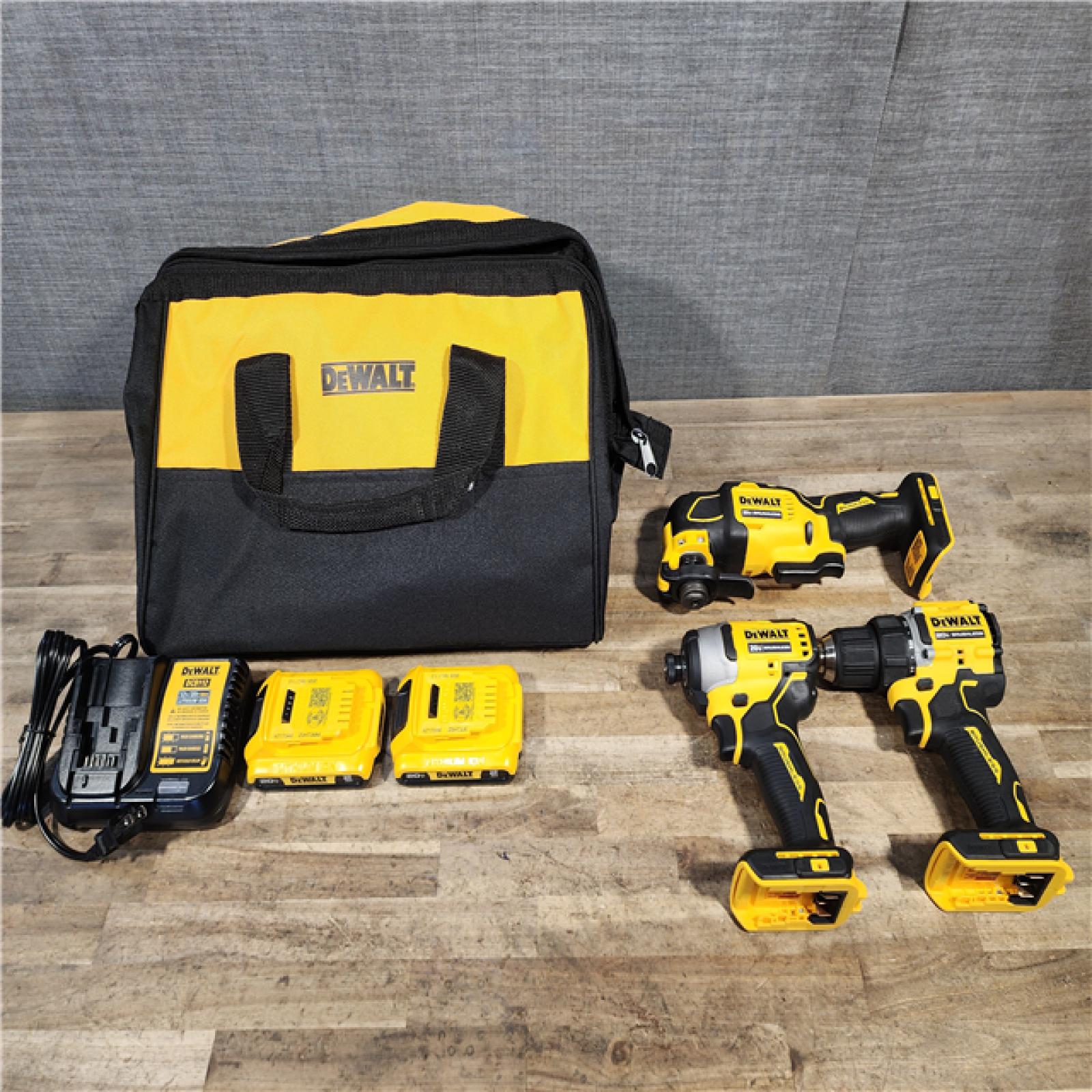 HOUSTON LOCATION - AS-IS DEWALT ATOMIC 20V MAX Cordless Brushless 3 Tool Combo Kit  (2) 2.0Ah Batteries  Charger  and Bag