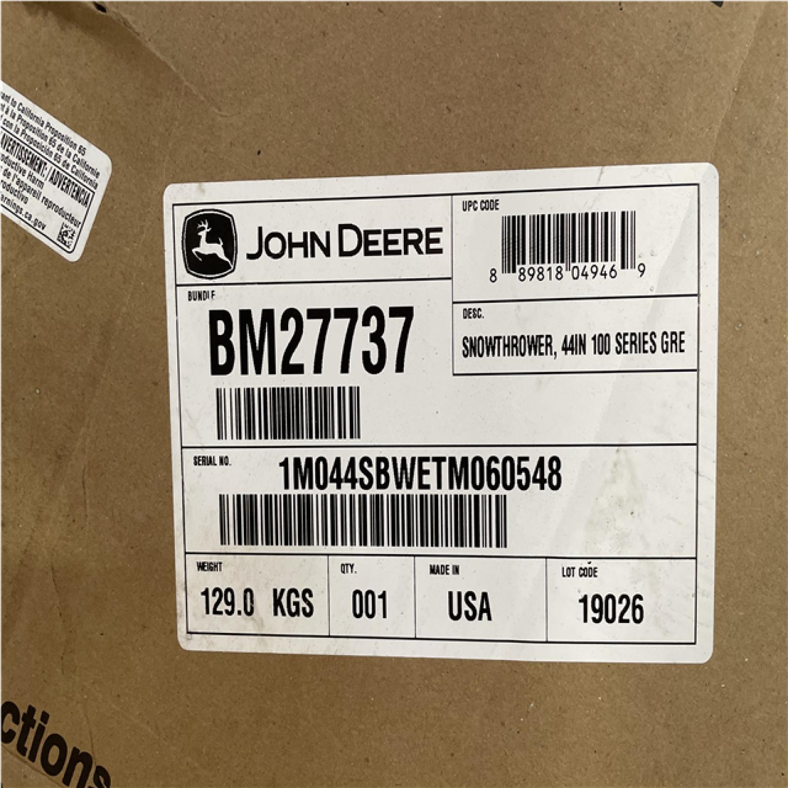 DALLAS LOCATION- JOHN DEERE 44in. Snow Blower Attachment For 100 & 200 Series Tractors