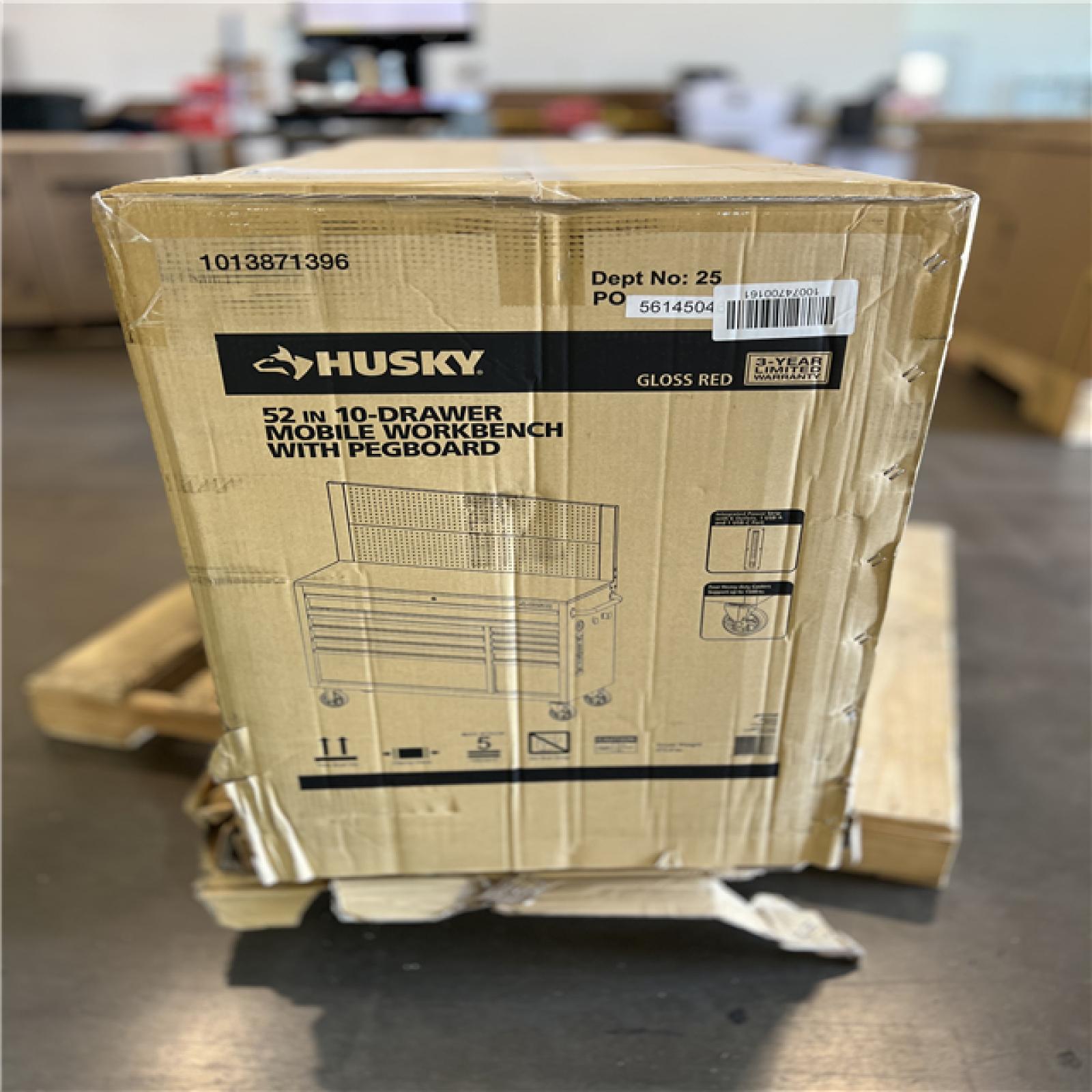 DALLAS LOCATION - AS-IS Husky 52 in. W 10-Drawer Gloss Red Mobile Workbench Cabinet with Solid Wood Top and Pegboard