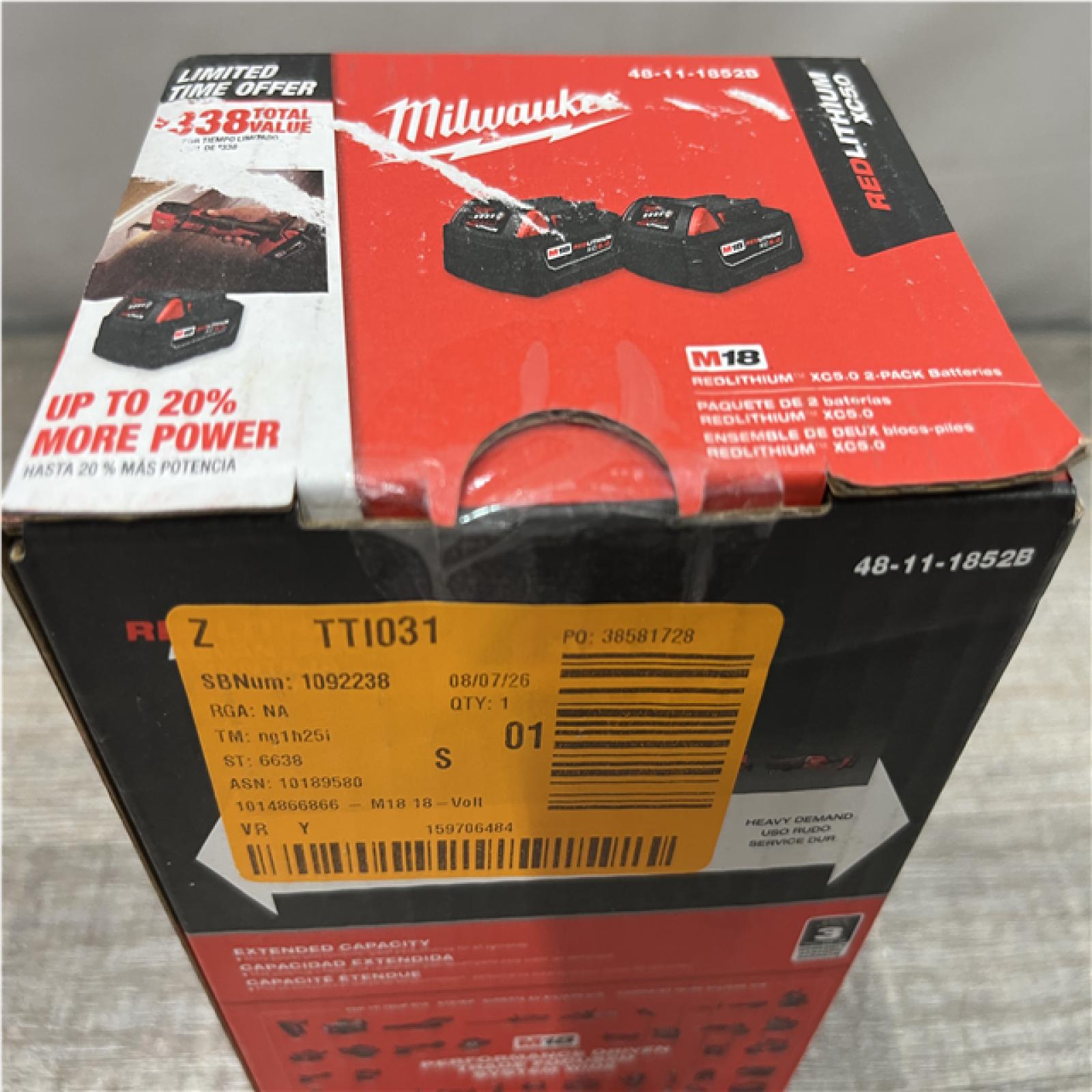 NEW - Milwaukee 18-Volt Lithium-Ion XC Extended Capacity 5.0 Ah Battery Pack (2-Pack)