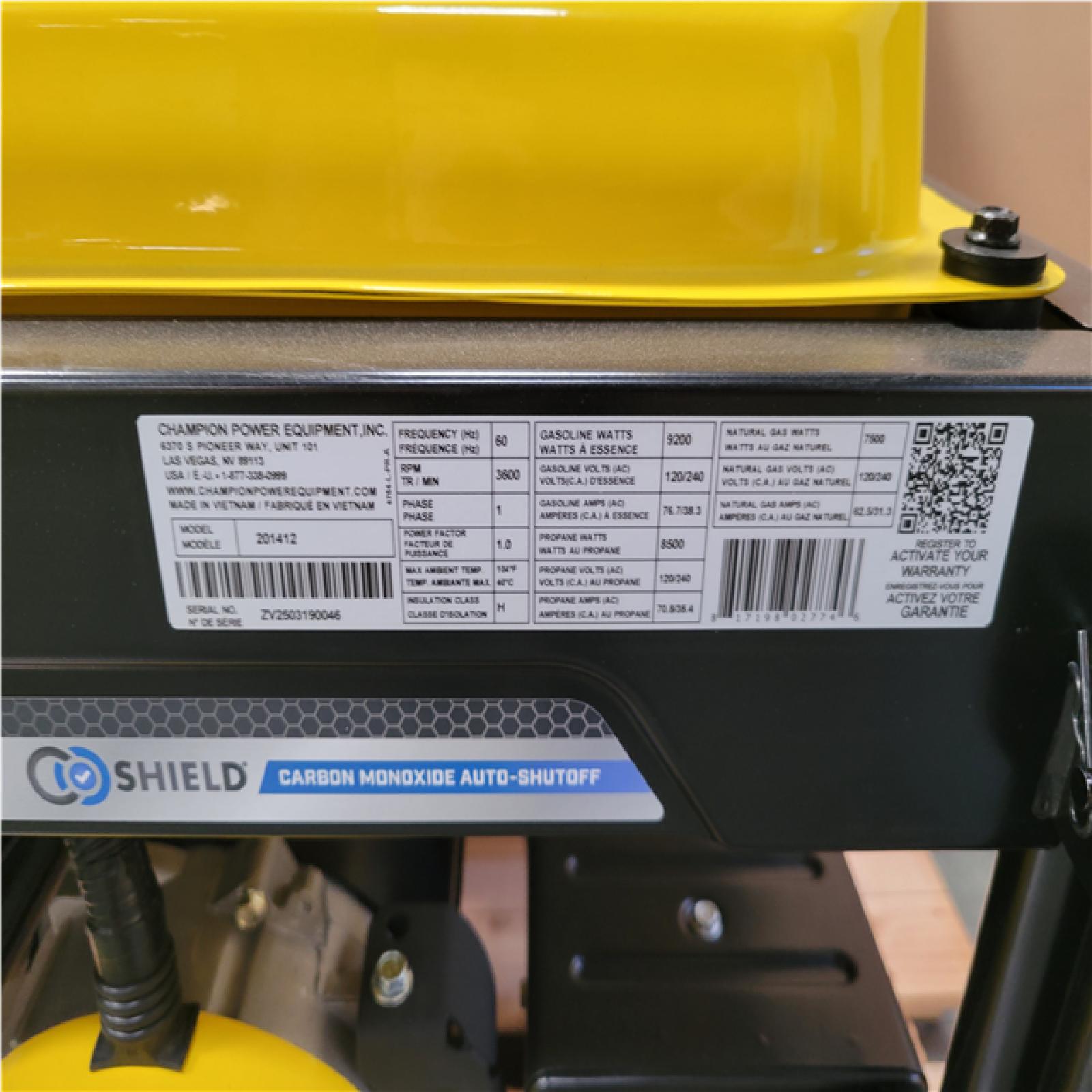 CALIFORNIA AS-IS CHAMPION 11 500/9 200-WATT ELETRIC START TRI FUEL PORTABLE GENERATOR